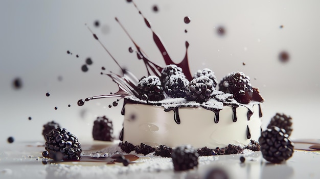 Photo gâteau aux mûres et à la crème avec sauce au chocolat le gâteau est décoré avec des mœurs et arrosé de sauce au chocolate