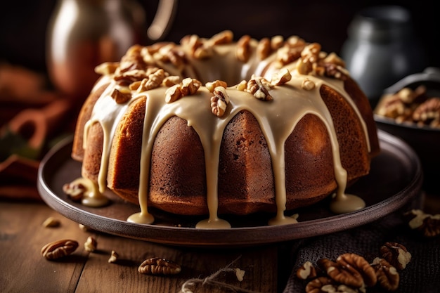 Un gâteau aux noix dessus sur une table en bois