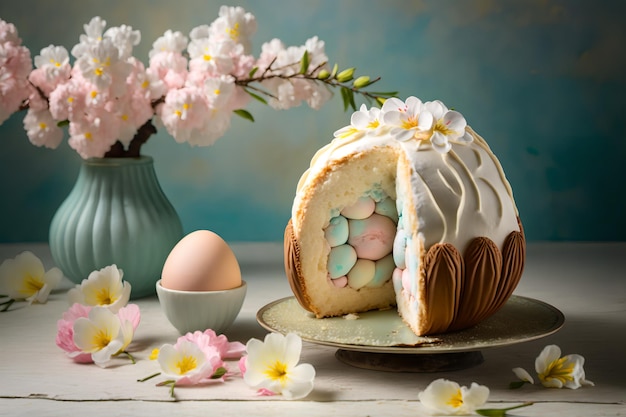 Gâteau aux œufs de Pâques avec une coquille de chocolat blanc et une fleur rose en arrière-plan.