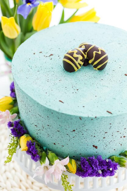 Gâteau aux œufs de Pâques Robins avec des taches de chocolat et des truffes aux œufs.