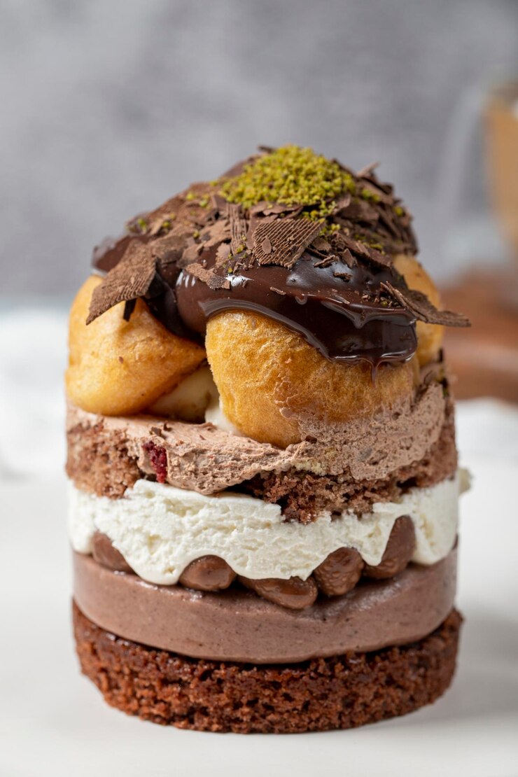 Photo gâteau aux profiteroles en couches gâteau au chocolat à la crème fouettée et au pistache