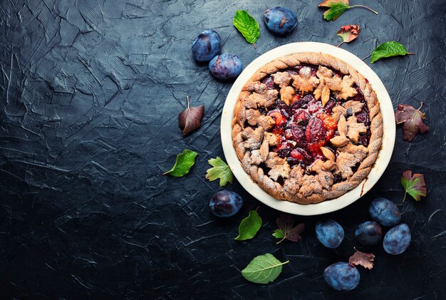 Gâteau aux prunes appétissant, espace de copie