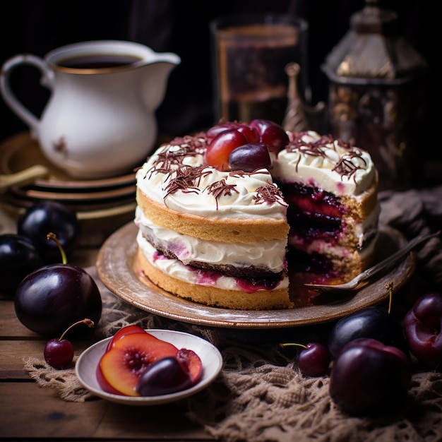 Gâteau aux prunes avec du café, nourriture stylisée.