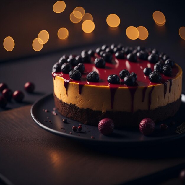 Un gâteau avec des baies dessus est sur une table.