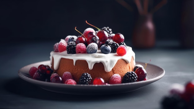 Un gâteau avec des baies sur le dessus