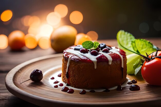 Photo un gâteau avec des baies et une feuille verte à côté