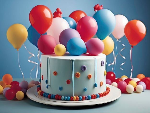 un gâteau avec des ballons et des confettis sur une table avec un fond bleu