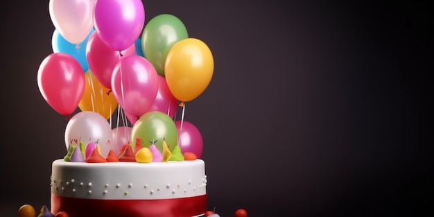 Un gâteau avec des ballons dessus et un ruban rouge sur le dessus