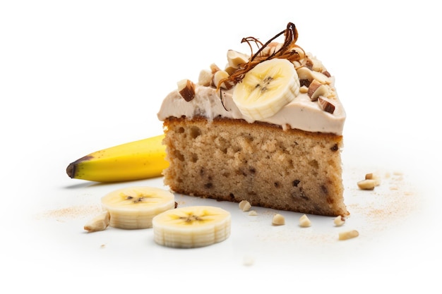Gâteau à la banane isolé pâtisserie cuit au dessert avec des tranches de fruits jaunes sur fond blanc Abstrait Illustration générative d'IA