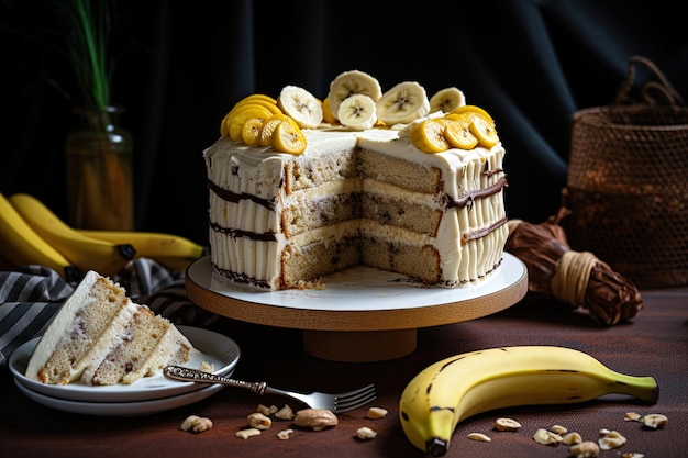 Un gâteau à la banane avec des tranches de banane sur une table avec une assiette de bananes et une assiette de tranches de banane.