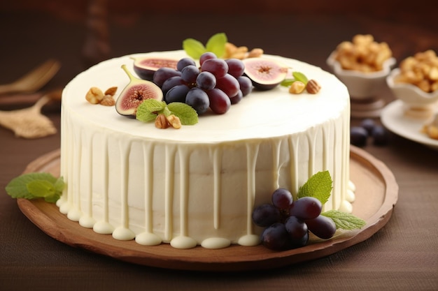 Un gâteau blanc crémeux décoré de moitiés de figues et de raisins.