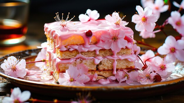 Un gâteau blanc crémeux et doux avec des fleurs de cerisier Un dessert de style printemps