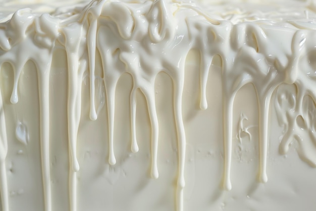 Un gâteau blanc avec du glaçage blanc qui coule sur les côtés.