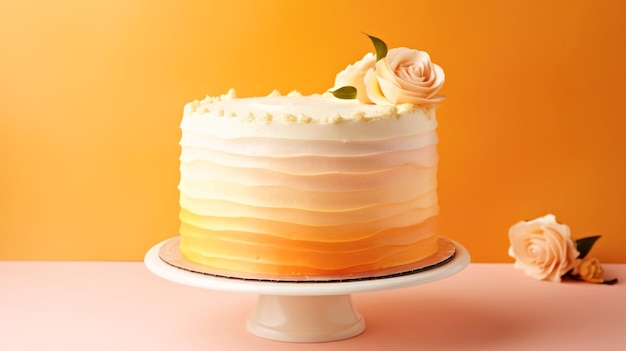 Un gâteau blanc avec du glaçage orange et des fleurs sur le dessus de couleur pêche fuzz de l'année 2024