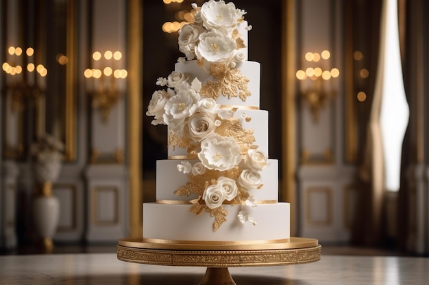 Un gâteau blanc avec des fleurs d'or sur le dessus