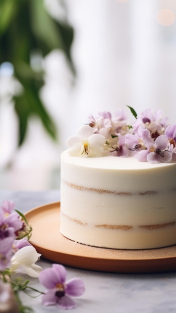 Un gâteau blanc avec des fleurs violettes sur une assiette