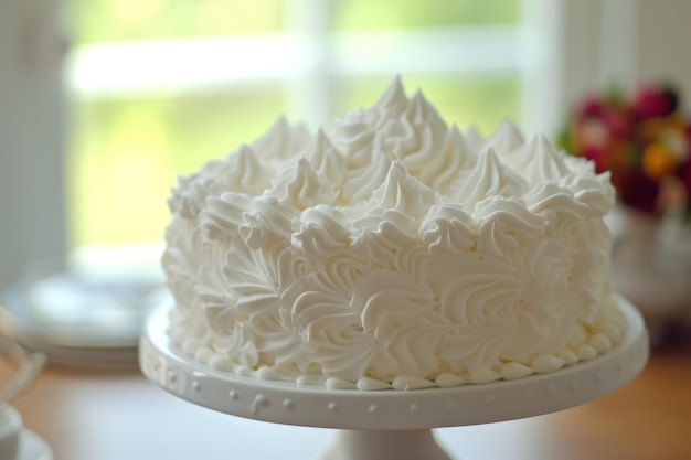 Un gâteau blanc sur un plateau de gâteau