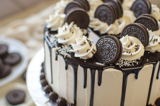 Un gâteau blanc versé avec du chocolat et décoré de biscuits oreo et tofifi