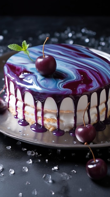 Un gâteau bleu et blanc avec des cerises sur le gâteau de galaxie coloré savoureux
