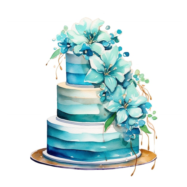 Un gâteau bleu et blanc avec des fleurs dessus