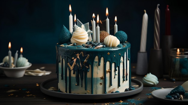 Un gâteau bleu avec des bougies sur le dessus