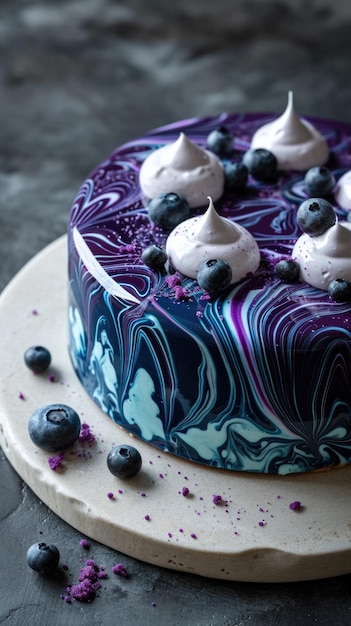 Un gâteau avec des bleuets et de la crème fouettée sur le gâteau de galaxie coloré savoureux