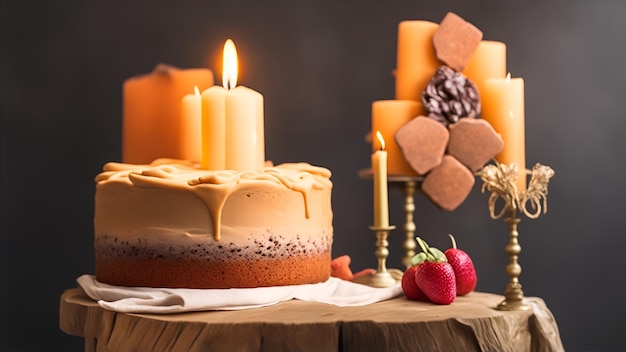 Photo un gâteau avec une bougie dessus et une bougie sur la table