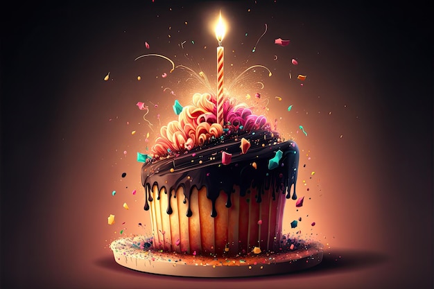 Un gâteau avec une bougie dessus qui dit "joyeux anniversaire".