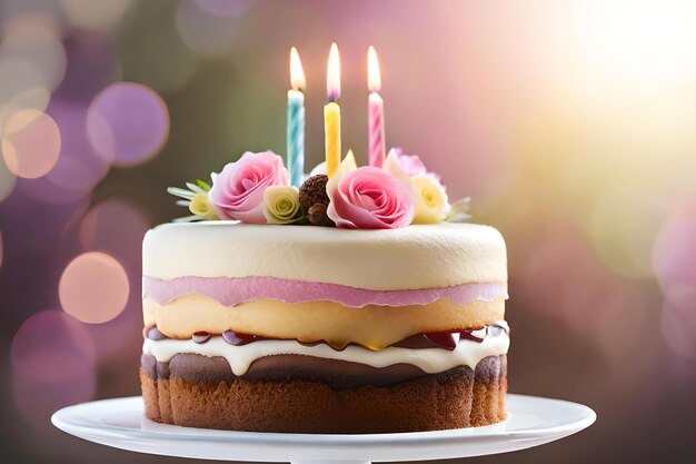 Photo un gâteau avec des bougies dessus avec un fond rose