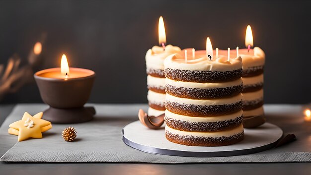 Un gâteau avec des bougies dessus avec une pomme de pin en arrière-plan