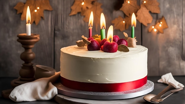 Un gâteau avec des bougies dessus avec un ruban rouge sur le dessus