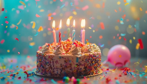 Un gâteau avec des bougies est entouré de confettis colorés.