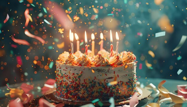 Un gâteau avec des bougies est entouré de confettis colorés.