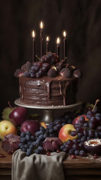 Un gâteau avec des bougies et des fruits dessus