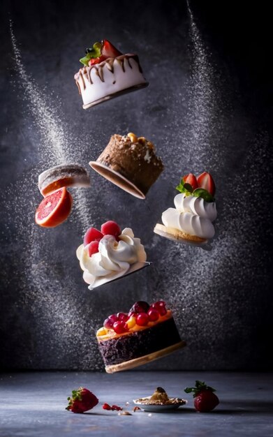 Photo un gâteau avec des bougies, des gâteaux de dessert dynamiques et de la poudre dorée, le jeu de la lumière et de l'ombre.