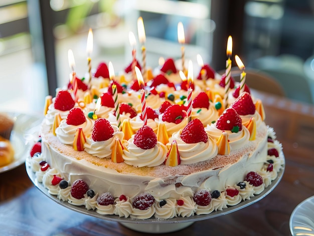 Un gâteau avec des bougies sur une table.