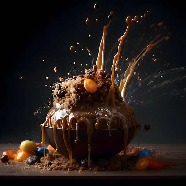 Photo gâteau bundt au caramel avec glaçage au caramel et fruits confits sur fond de bois