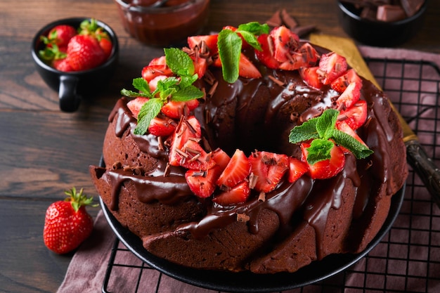 Gâteau Bundt au chocolat noir avec glaçage à la ganache et fraise sur fond de table en béton ou en pierre sombre Gâteau festif mise au point sélective