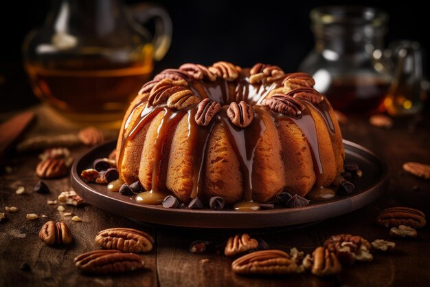 Gâteau bundt aux pacanes avec tarte aux pacanes sur une table en bois