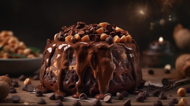 Un gâteau bundt enrobé de chocolat avec les mots " nutella " sur le dessus.