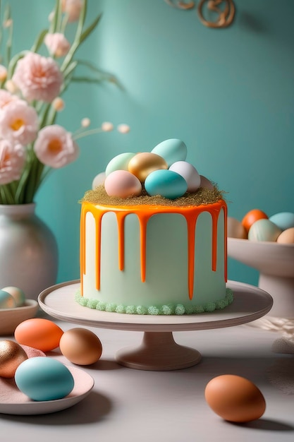 Gâteau à la carotte fait maison avec de la crème et des noix et des œufs de sucre de couleur pastel