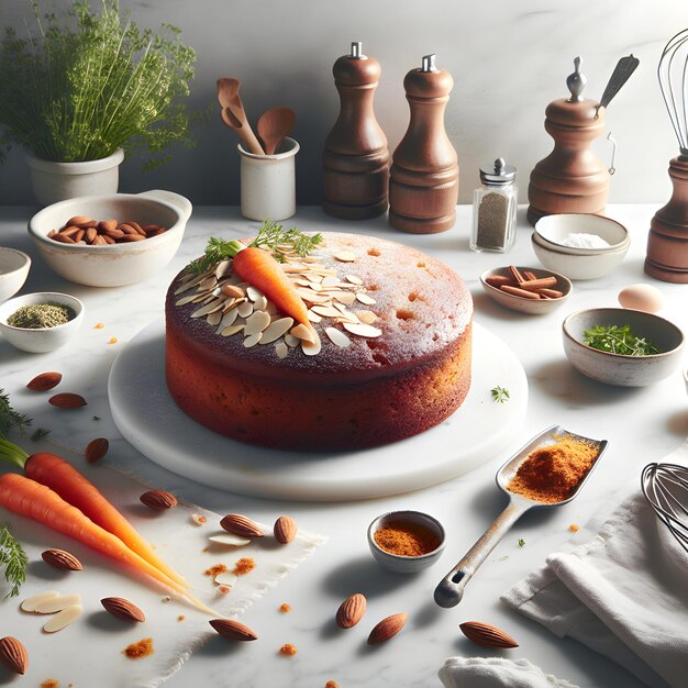 Photo gâteau à la carotte suisse avec des amandes et du kirsch sur un comptoir en marbre