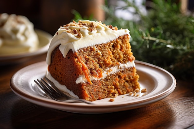 Un gâteau à la carotte avec une tranche appréciée avec une tasse de thé chaud