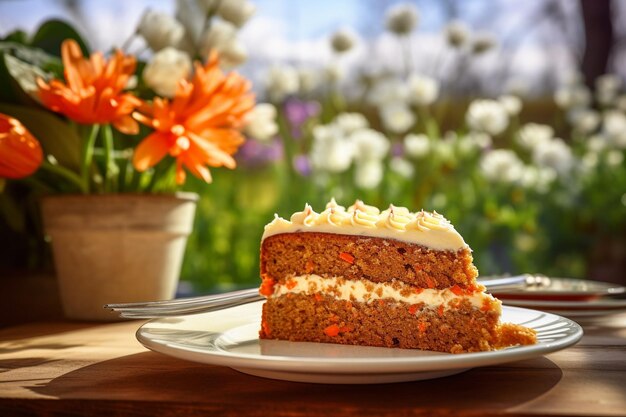 Un gâteau à la carotte avec une tranche appréciée avec une tasse de thé chaud