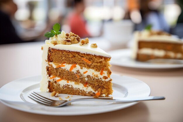 Un gâteau à la carotte avec une tranche appréciée avec un verre de champagne