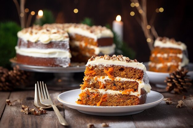 Gâteau à la carotte avec une tranche enlevée servi avec un peu de noix de muscade