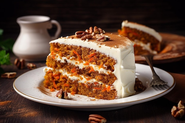 Gâteau à la carotte avec une tranche enlevée servi avec un peu de noix de muscade