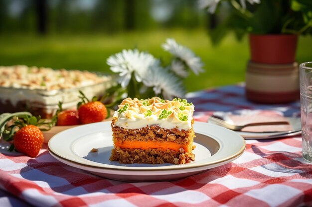 Un gâteau de carottes servi sur un lit de copeaux de carottes fraîches pour la décoration