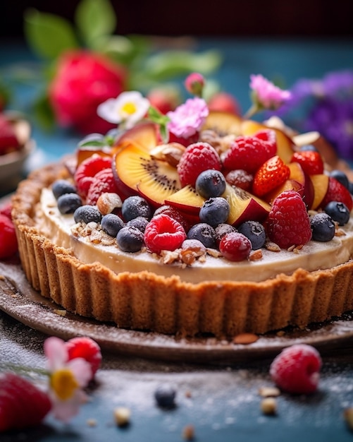 Gâteau carré en mousse de velours élégant, garniture aux noix et aux fruits à l'intérieur Colorfu contemporain IA générative