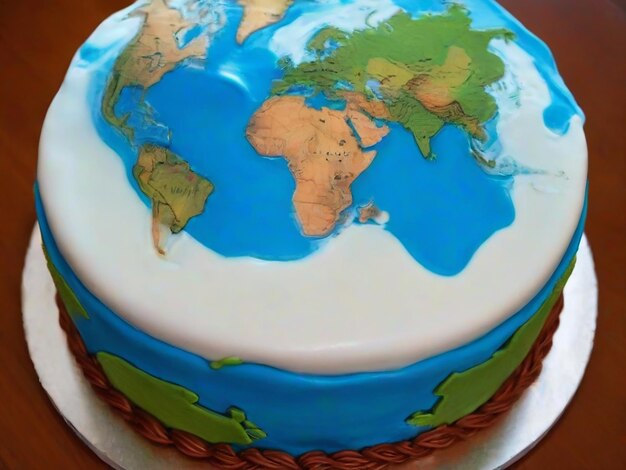 Photo un gâteau avec une carte du monde dessus.